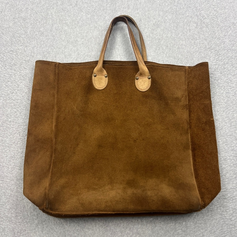 VTG Brookstone Tote Bag Brown Suede Leather Slouchy Minimalist Boho 70s USA Made